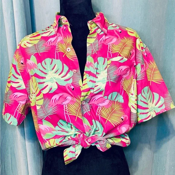 Massive Flamingo Hawaiian Shirt Size Small Pink Green Bright Button Up - Picture 7 of 13